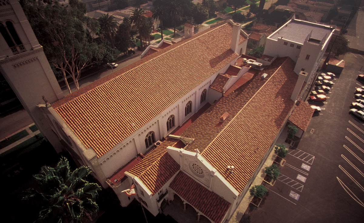 8 inch straight barrel mission clay roof tile historical restoration tile colors to match originals on Wilshire United Methodist Church Los Angeles California