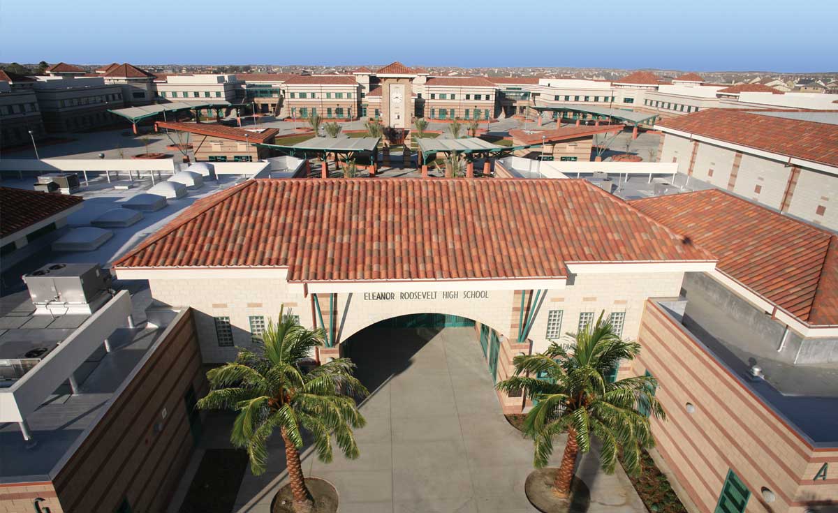 one piece s mission clay roof tile in B301 old mission blend on Eleanor Roosevelt High School, Corona, CA