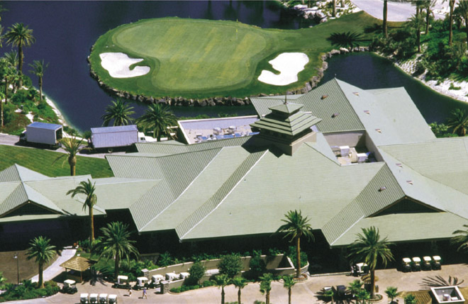 MF108 Flat clay roof tile in custom green matte color on Bali Hai club house on lake Las Vegas, nevada