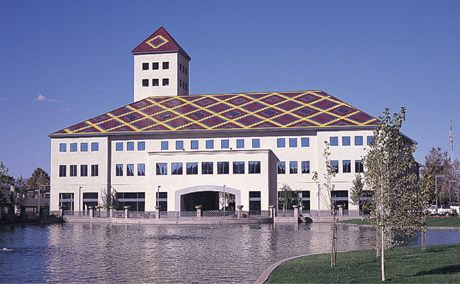 MF108 Flat clay roof tile in 4 different custom colors on office building in Temecula california 