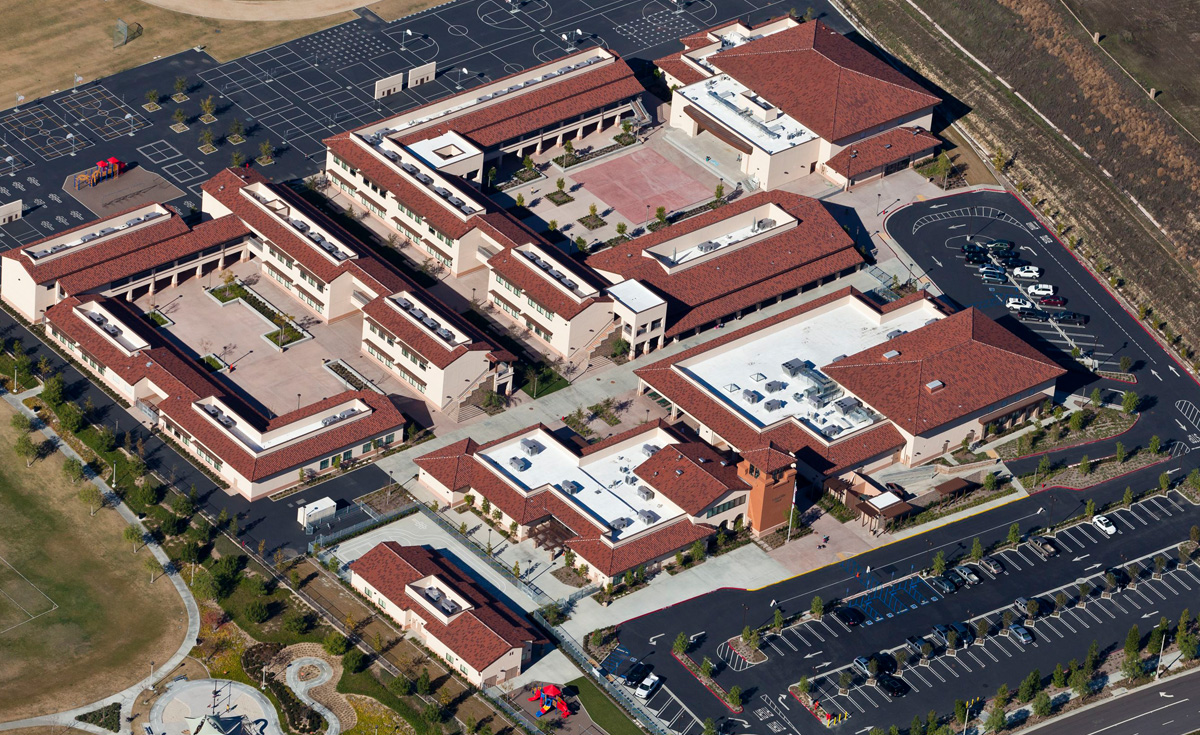 aerial view of finished roof Polyset AH-160 application on Orchard Hills K-8 School, Irvine, CA