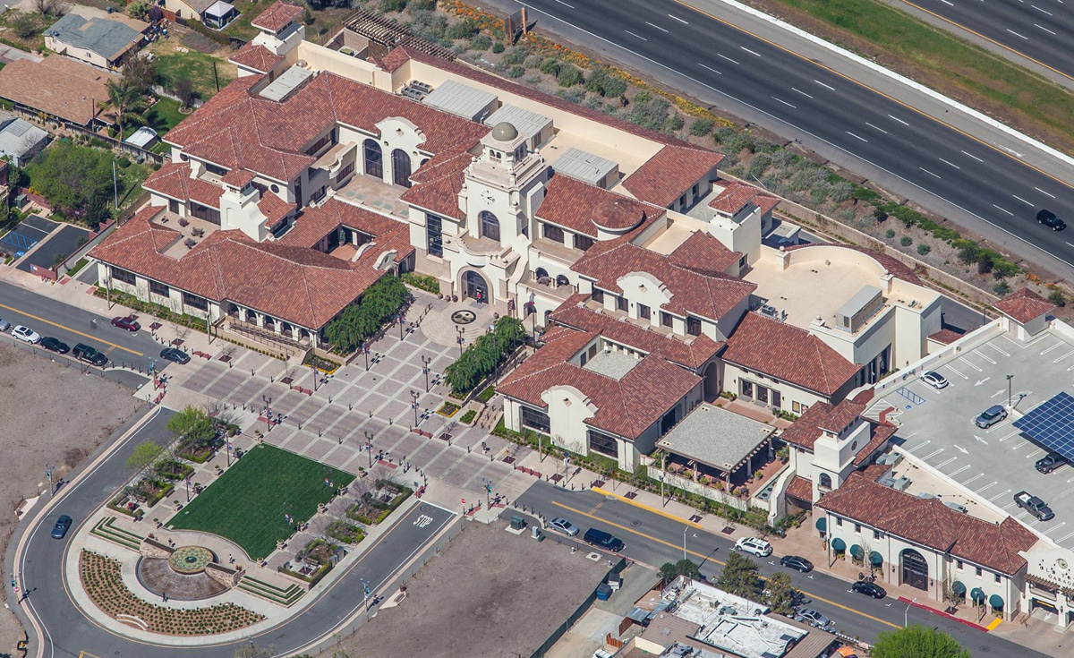 Corona Tapered and Turret clay roof tile in B332-R Houstonian Blend on Temecula Civic Center