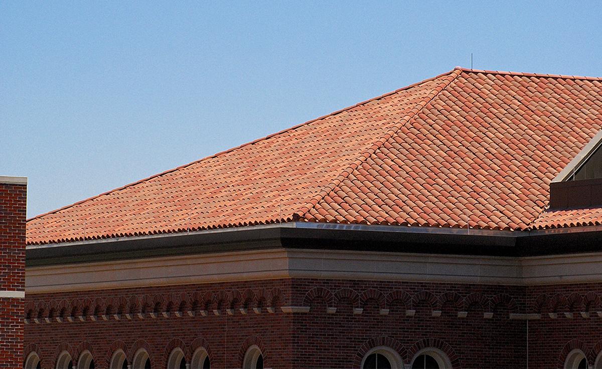 Detail of Corona Tapered Mission clay roof tile in CB471 USC Campus Blend on USC Michelson Center in Los Angeles, California
