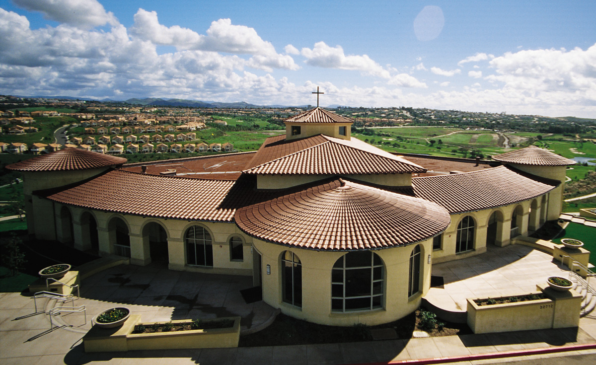 aerial view of straight barrel mission and turret clay roof tile in 2F22 Burnt Sienna on Church, Laguna Niguel, CA