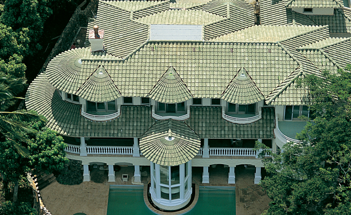 180 and 75 degree turret tiles in B305 weathered green blend on home in Kaneohe bay, Hawaii