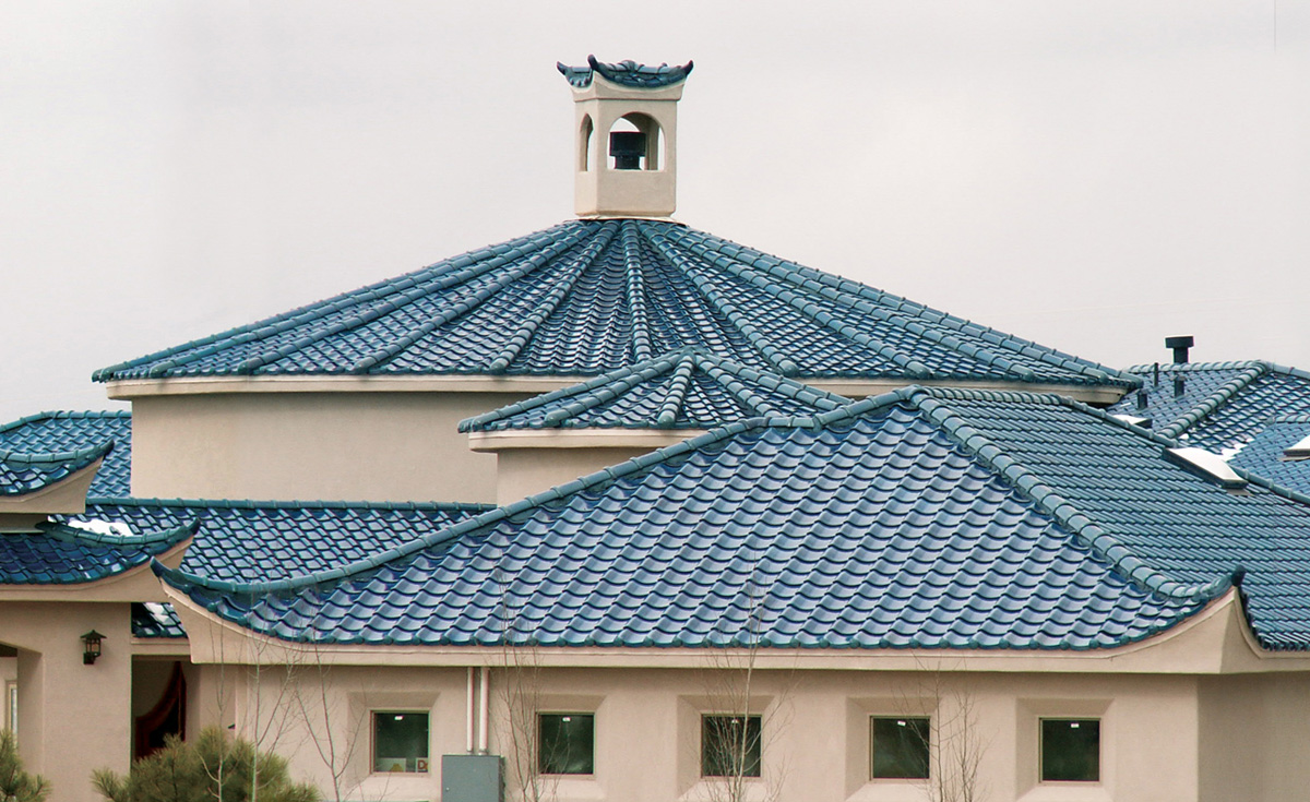 oriental style clay roof tile in C01 Blue on home in New Mexico.