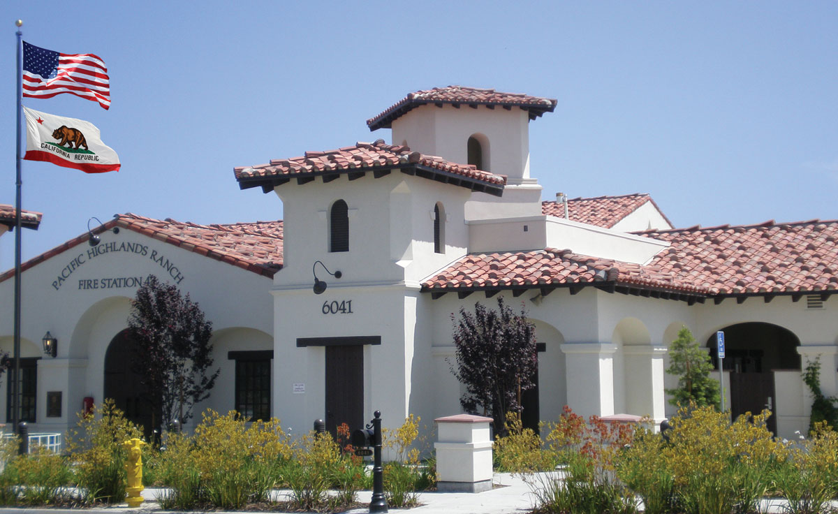 corona tapered mission two piece clay roof tile in 75% B301 old mission blend and 25% 2f34 Carmel on Pacific Highlands Ranch Fire Station, San Diego, CA