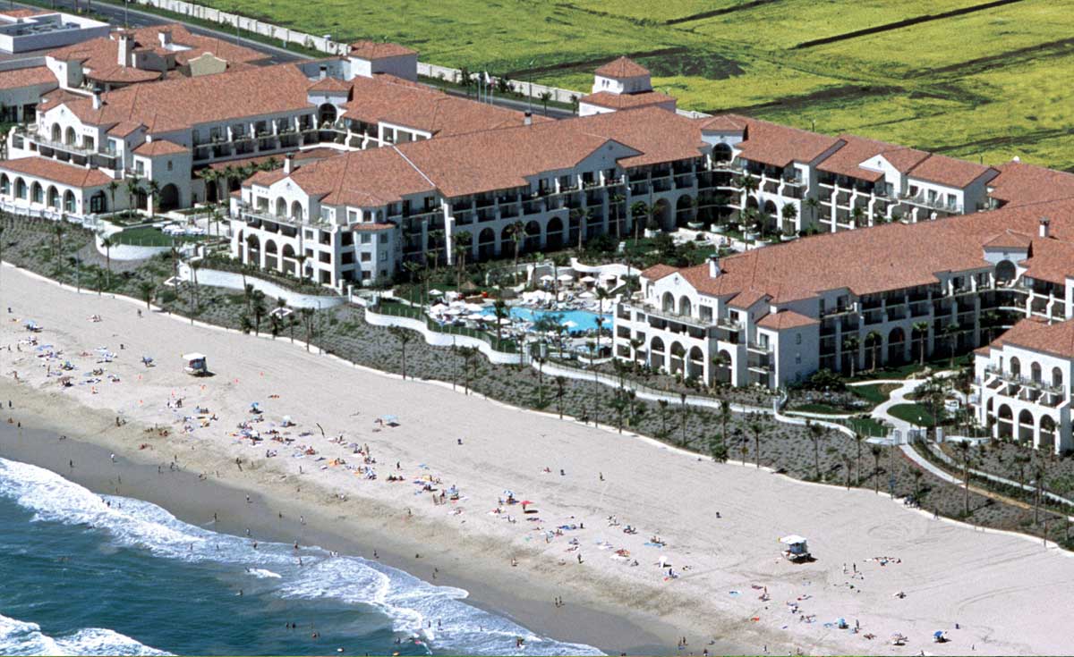 aerial view of one piece s mission clay roof tile in B301 Old Mission blend on Hyatt Regency in Huntington Beach, california