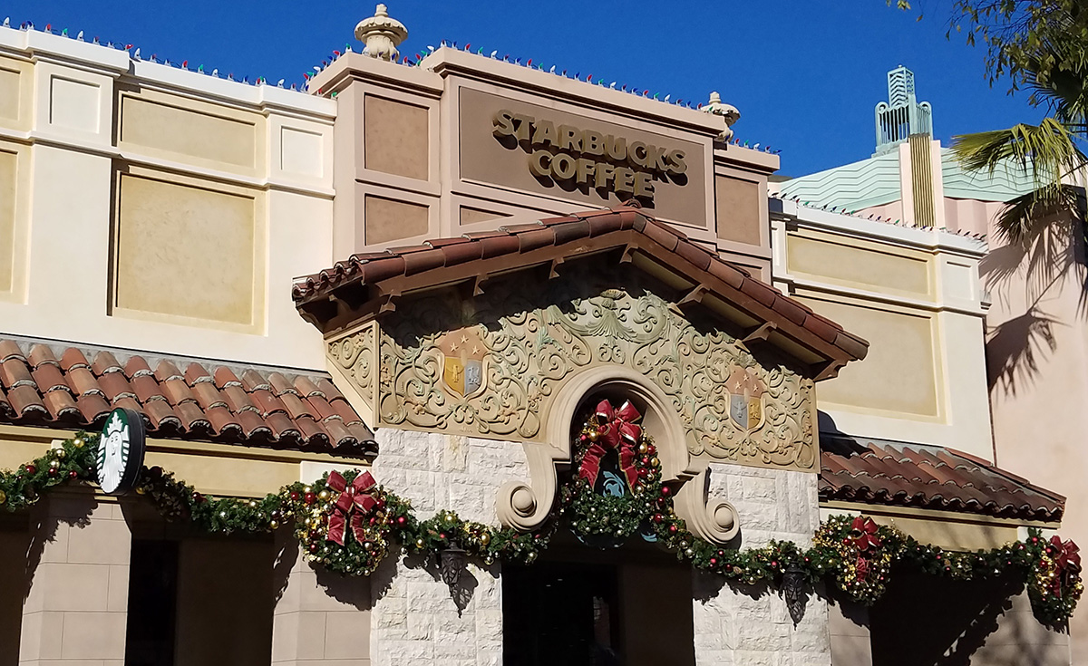 classic tapered mission clay roof tile in B332-R Houstonian blend on Starbucks in universal studios Hollywood, california