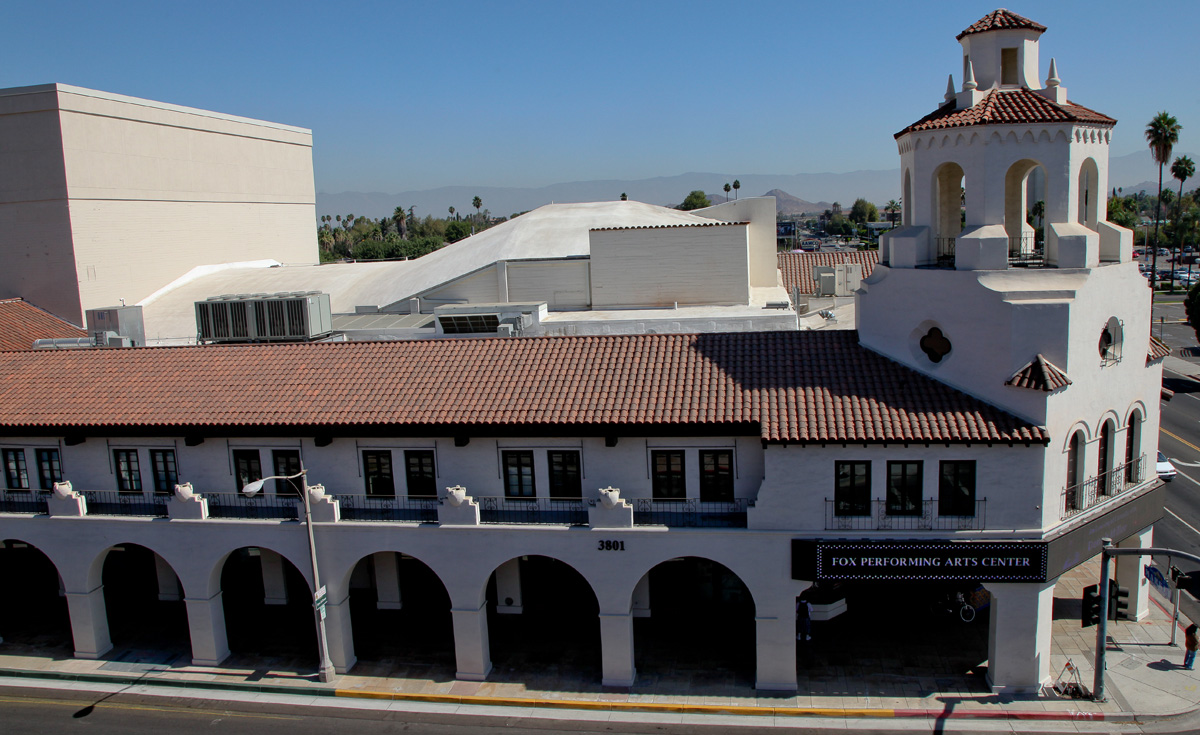 corona tapered clay roof tile in B340-R vintage red blend for historical renovation of Fox Performing Arts Center in Riverside California