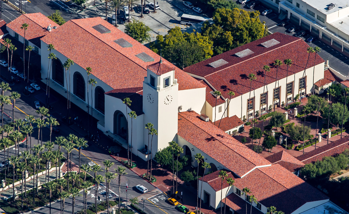 los angeles union station 2015 renovation aerial view with historical replica clay roof tiles