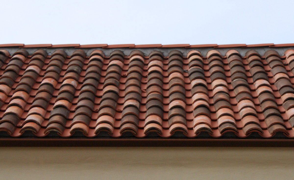 Detail of Monrovia Santa Fe Train Depot historical clay roof tile - 8 inch straight barrel pans incorporated with original historical clay roof tile