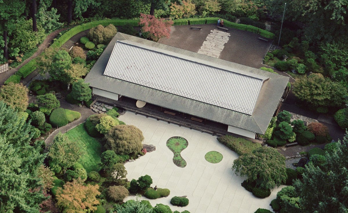 oriental Japanese clay roof tile in C21 royal blue on Japanese Garden, Portland, OR