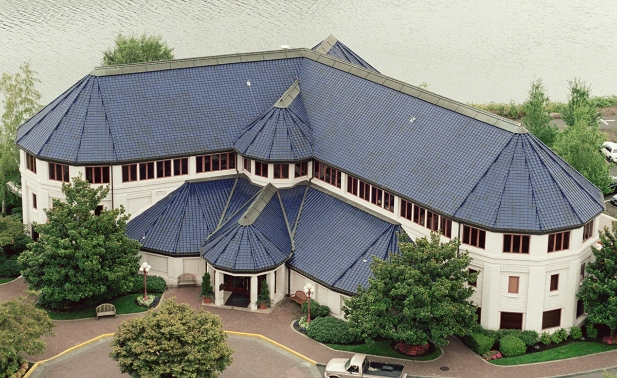 oriental Japanese clay roof  tile in C21 royal blue on the Old Spaghetti Factory, Portland, OR