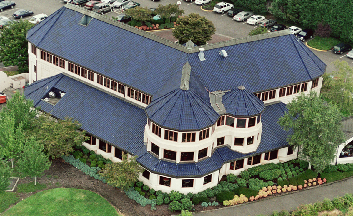 oriental Japanese clay roof  tile in C21 royal blue on the Old Spaghetti Factory, Portland, OR