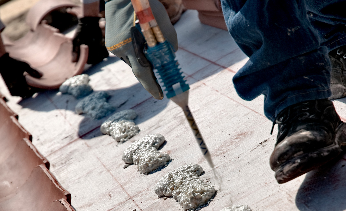 installers working with clay roof tile and Polyset AH-160 application on Orchard Hills K-8 School, Irvine, CA