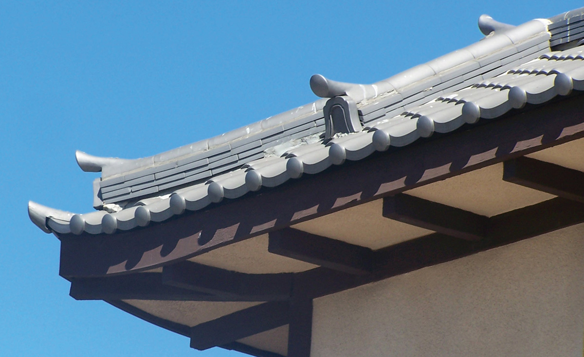detail of oriental Japanese clay roof tile in C09 Japanese black ibushi on restaurant in Long Beach california