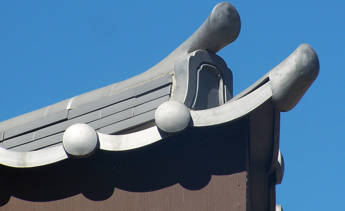 detail of oriental Japanese clay roof tile in C09 Japanese black ibushi on restaurant in Long Beach california
