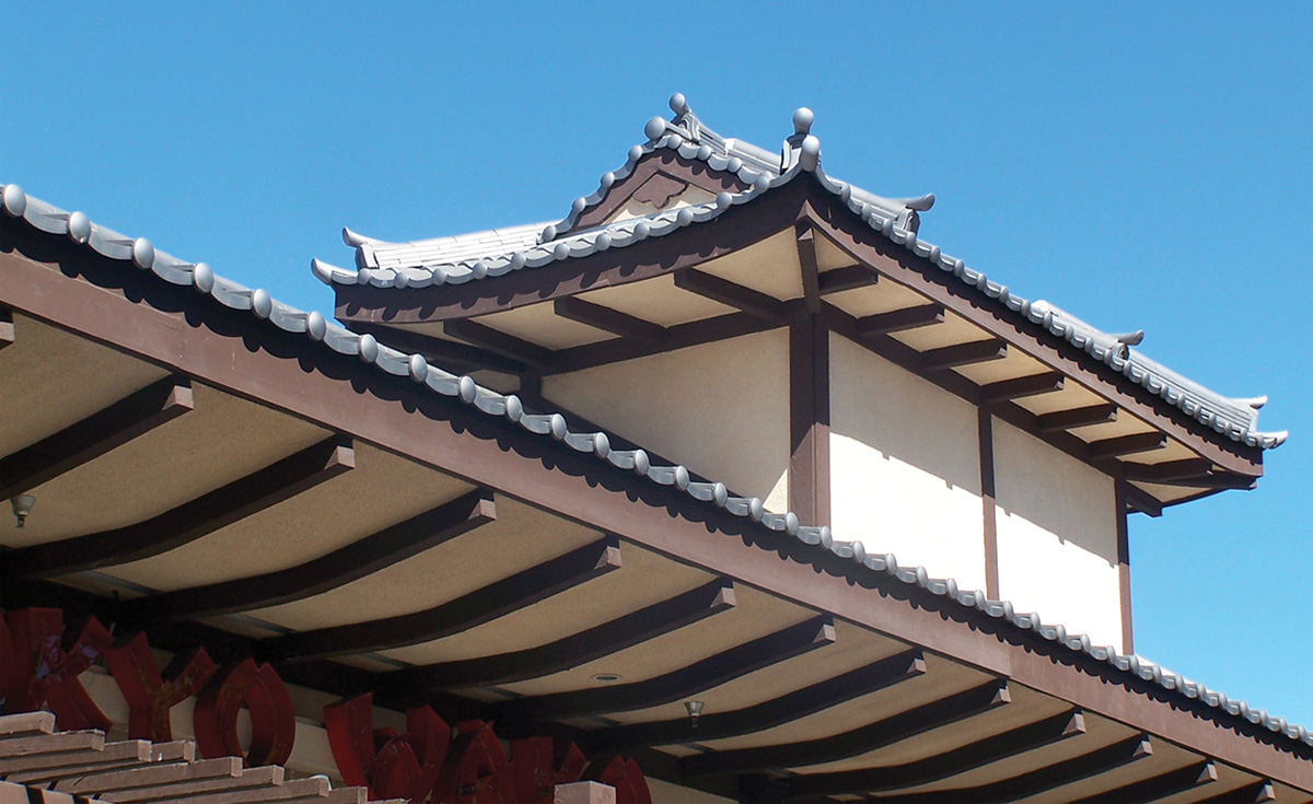 detail of oriental Japanese clay roof tile in C09 Japanese black ibushi on restaurant in Long Beach california