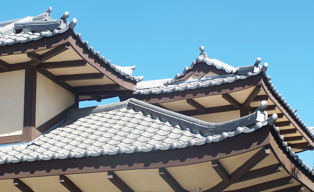 detail of oriental Japanese clay roof tile in C09 Japanese black ibushi on restaurant in Long Beach california