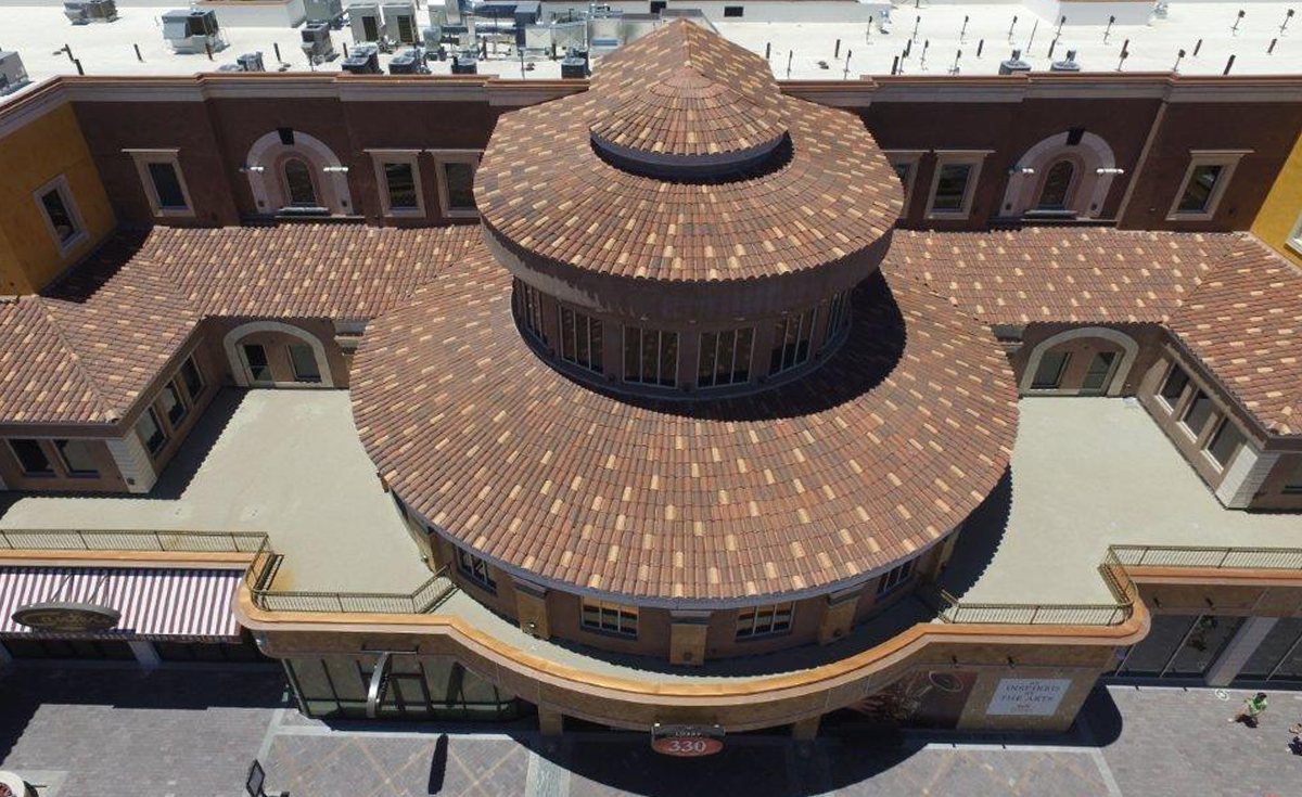 Turret clay roof tile in custom blend on Tivoli Village at Queensridge in Las Vegas, Nevada