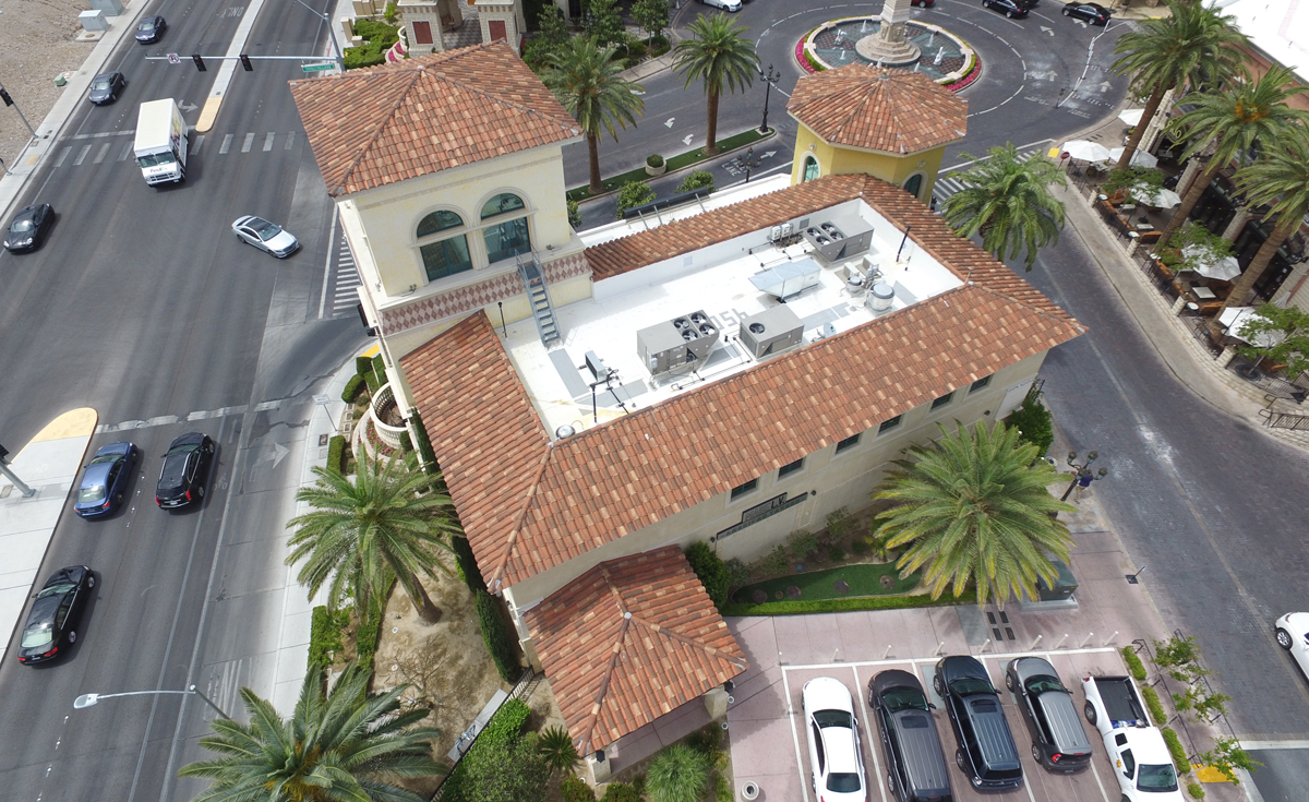 Corona Tapered Mission clay roof tile in custom blend on Tivoli Village at Queensridge in Las Vegas, Nevada