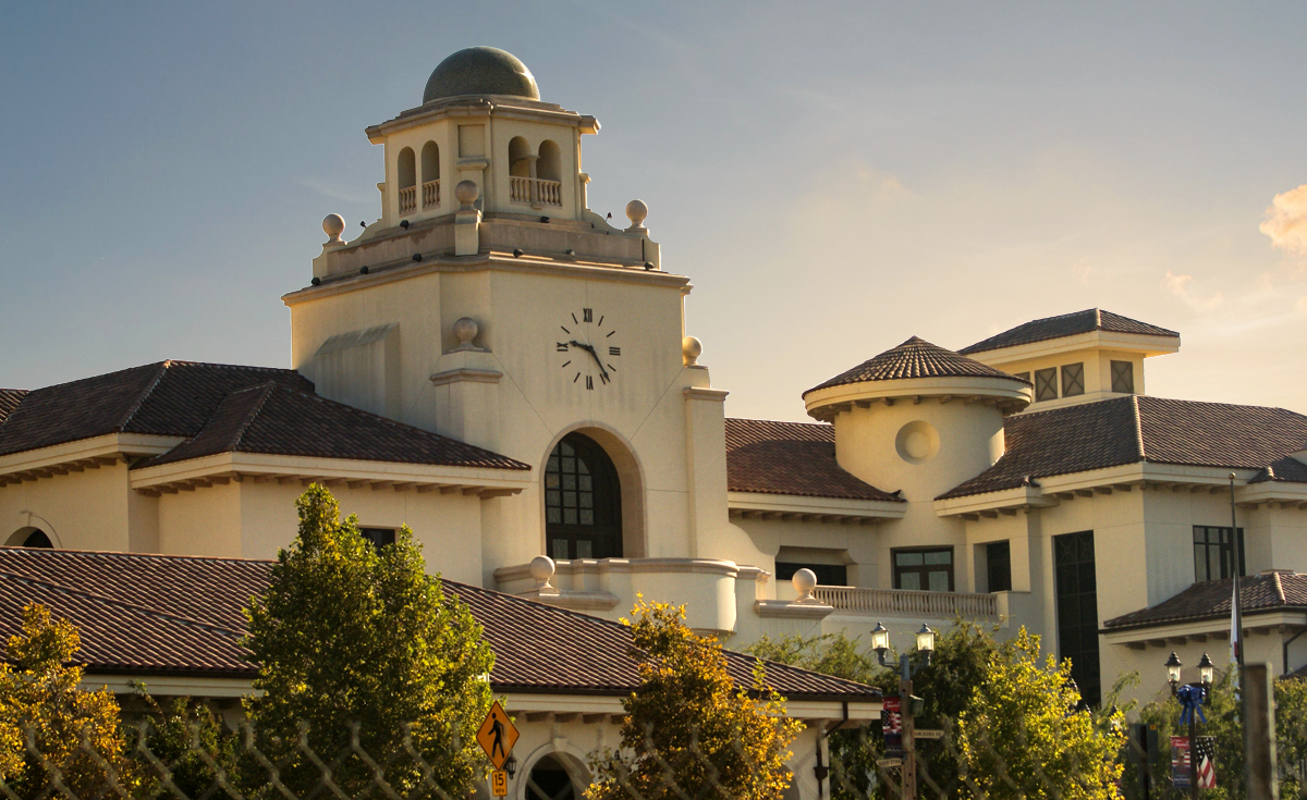 Turret clay roof tile in B332-R Houstonian Blend on Temecula Civic Center - 360 turret