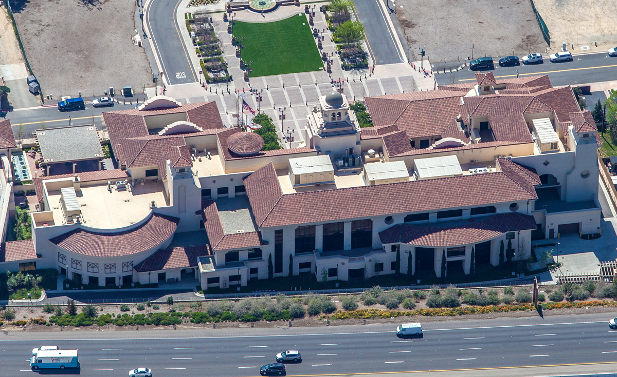 Eyebrow turret and 360 degrees turret clay roof tile in B332-R Houstonian Blend on Temecula Civic Center