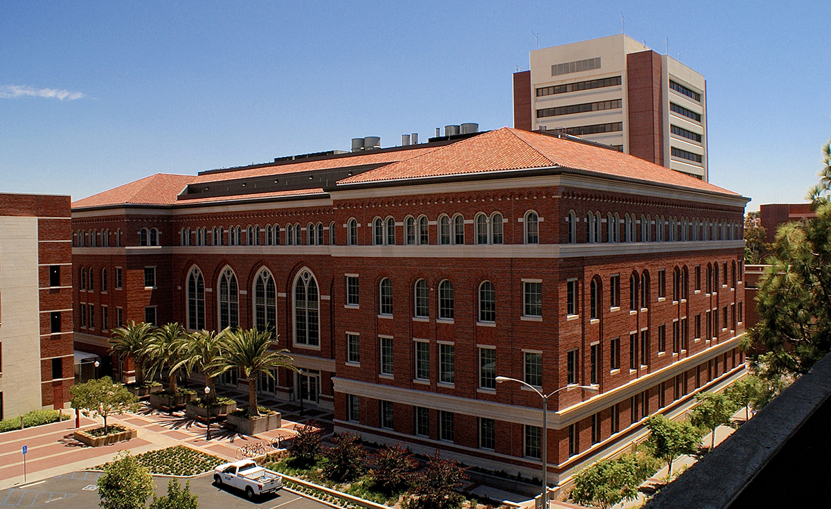 Corona Tapered Mission clay roof tile in CB471 USC Campus Blend on USC Michelson Center in Los Angeles, California