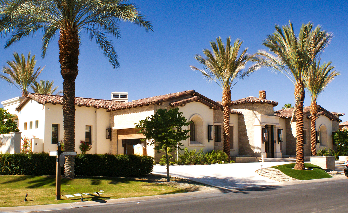 Corona Tapered mission two piece clay roof tile in equal parts 2F19 Ironwood, CF230 Tierra Brown Light Smooth, 2F34 Carmel on home in La Quinta, California