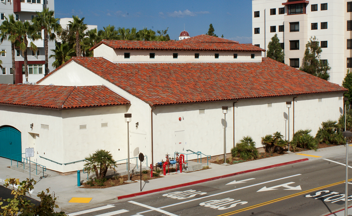 Corona Tapered mission two piece clay roof tile in B322 Santa Maria Blend on SDSU Tula Community Center San Diego, California