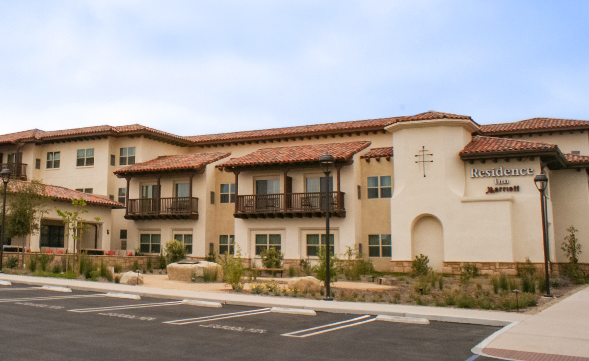 Corona Tapered mission two piece clay roof tile in CB447 Marriott Blend on Residence Inn hotel in Goleta, CA
