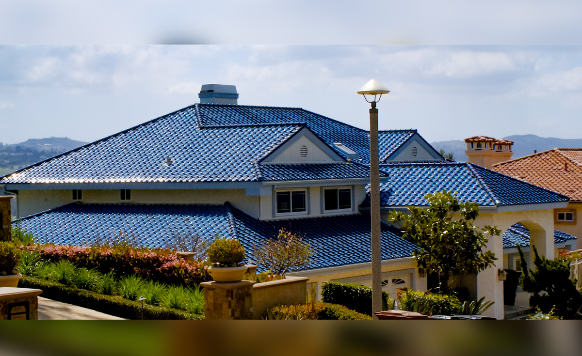 Elevated view of roof on home in Yorba Linda California featuring Oriental Japanese terra-cotta clay roof tile in C01 Blue glaze.