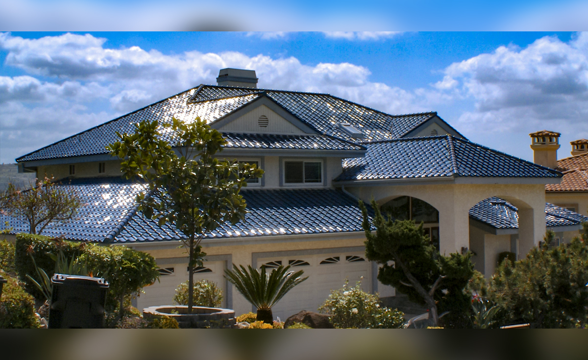 Elevated view of roof on home in Yorba Linda California featuring Oriental Japanese terra-cotta clay roof tile in C01 Blue glaze.